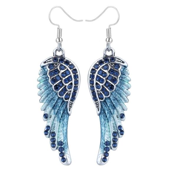 BijouStudios Earrings Jewelry - Silver with Blue Sapphire Crystal Angel Wing Dangle Drop French Hook Earrings